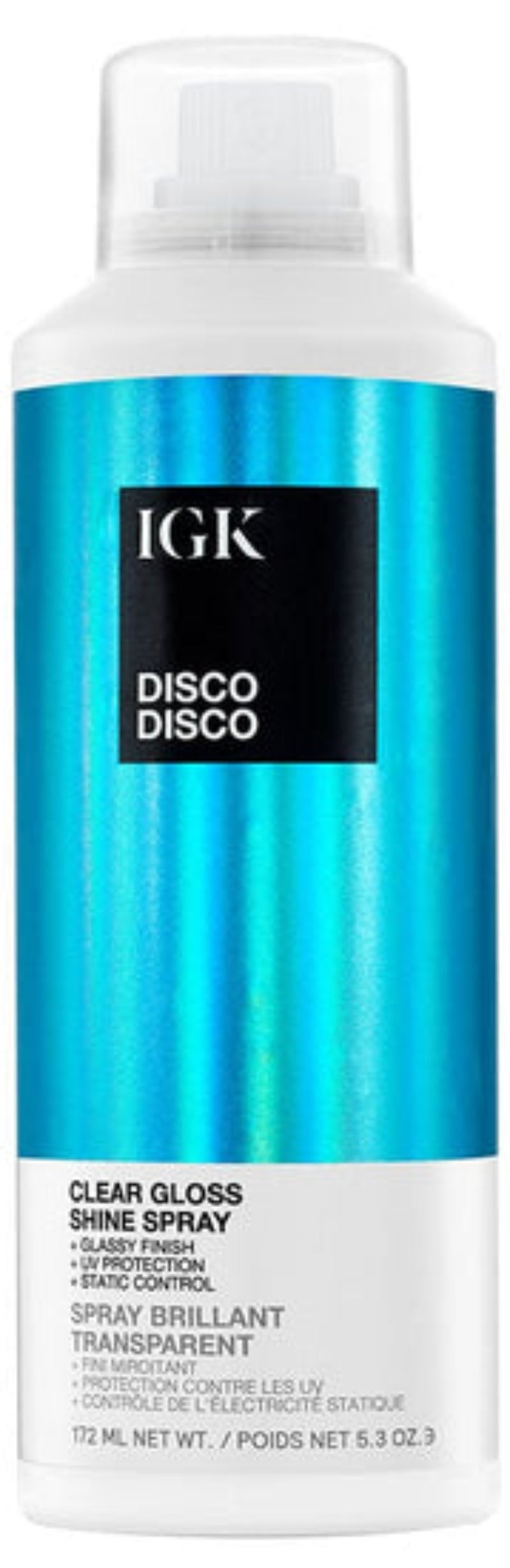 IGK Disco Disco clear gloss shine spray bottle on a white background