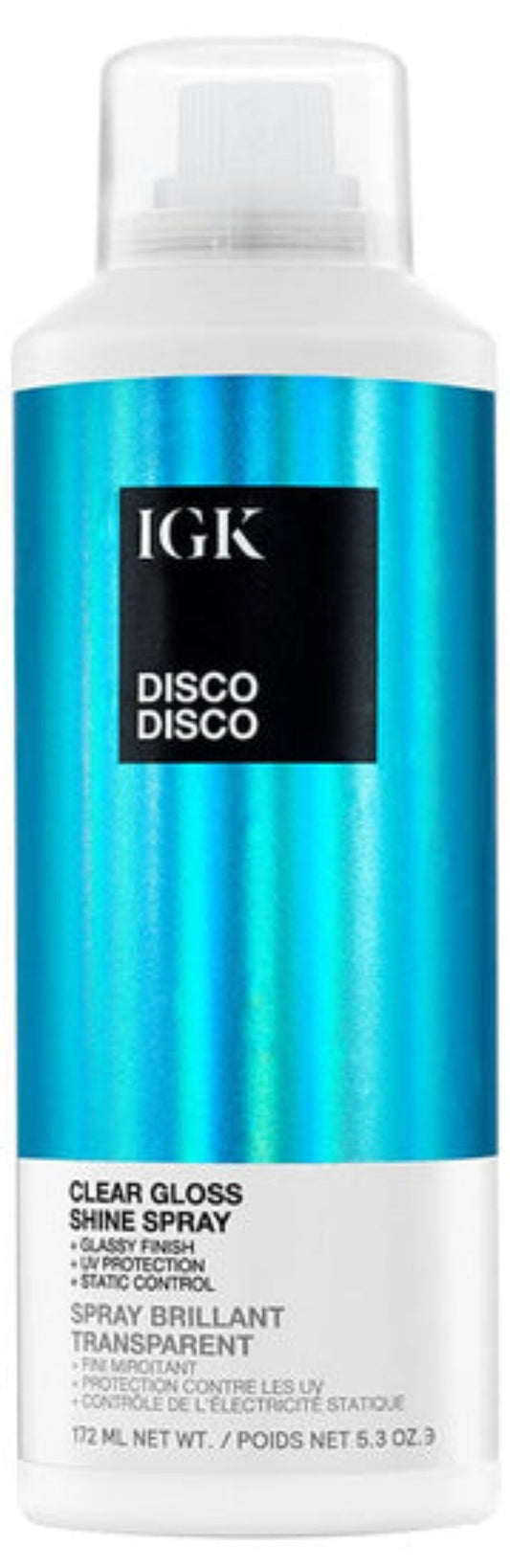 IGK Disco Disco clear gloss shine spray bottle on a white background