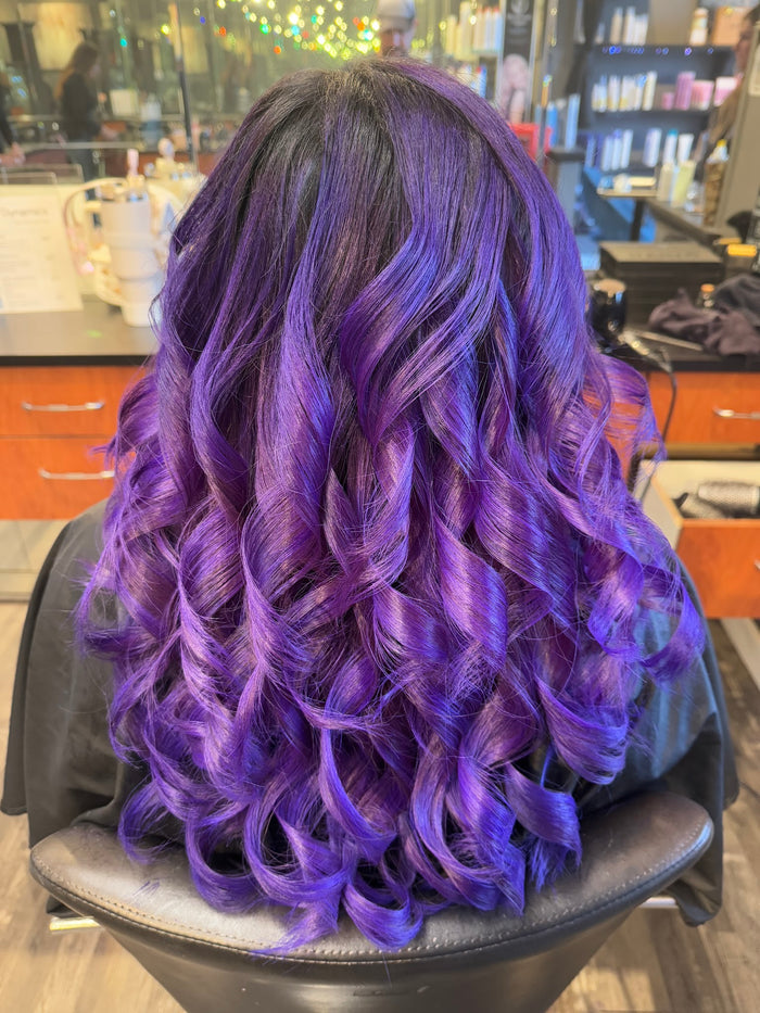 Hair Dynamics salon Fort Lee NJ — vivid purple color with curls