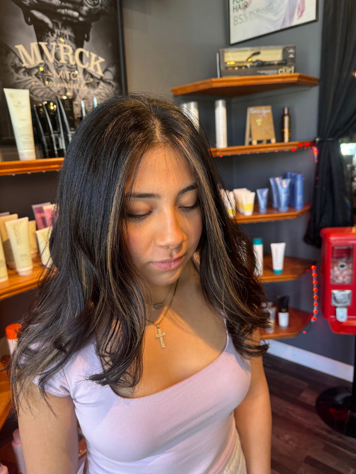 Hair Dynamics salon Fort Lee NJ — dark brunette with face-framing