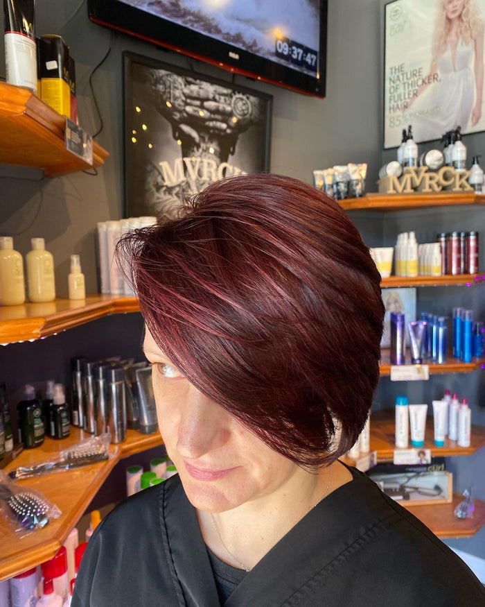 Hair Dynamics salon Fort Lee NJ — burgundy short cut