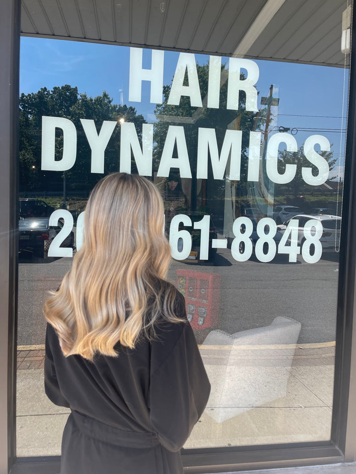 Hair Dynamics salon Fort Lee NJ — blonde at the salon window