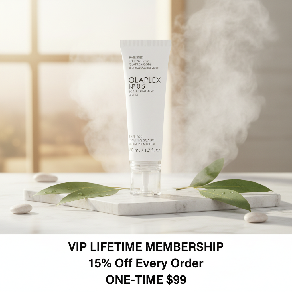 Olaplex haircare product styled on marble - HairDynamics VIP Lifetime Membership 15% off ad