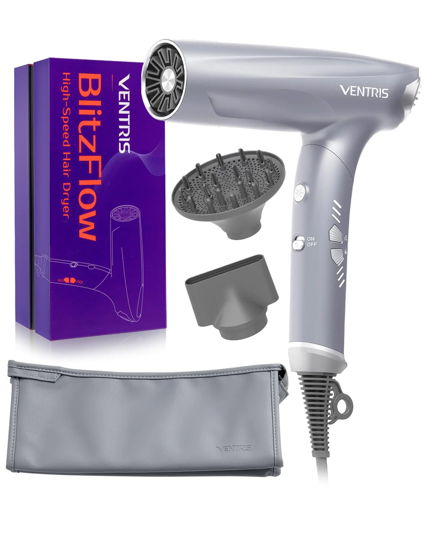 VENTRIS Blitzflow Ionic Hair Dryer Magnetic Diffuser High Speed Styling Blow Dryer Lightweight & Foldable Travel Hair Dryer Positive Negative Ion blowdryer Ethereal Gray
